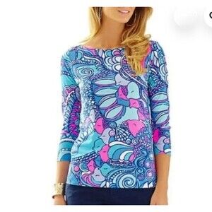Lilly Pulitzer Top Womens Small S Pima Cotton Blue Pink Fish Shoulder Button NWO